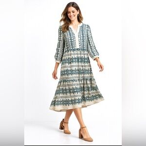 Figueroa & Flower Boho Cottagecore Tiered Midi Dress L — Cream & Teal Split Neck